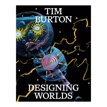 Book cover of 'Designing Worlds' by Tim Burton with a futuristic creature illustration on a black background.